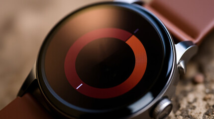Ai generated image of modern smartwatch displaying a progress ring on its dark screen, resting on a textured surface
