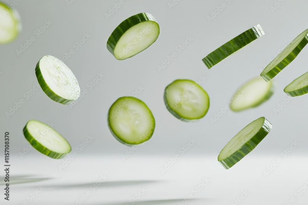 Poster Perfectly sliced cucumber pieces appear to float elegantly against a soft, light gray backdrop, emphasizing freshness and simplicity in culinary presentation.