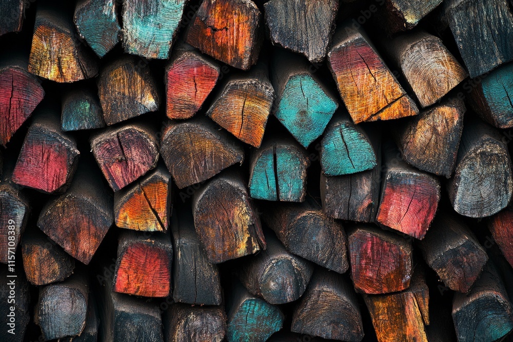 Poster an assortment of vibrantly colored wooden logs stacked closely together, creating an engaging patter