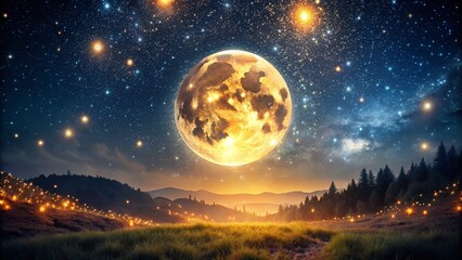 Fototapeta premium Warmly Glowing Full Moon Night Sky with Twinkling Stars - Mystical Celestial Landscape