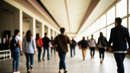 Students walking to class in a university or college environment. Moving crowd motion blurred background.