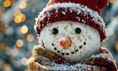Cheerful snowman wearing red beanie and colorful scarf Snowfall in background - Powered by Adobe