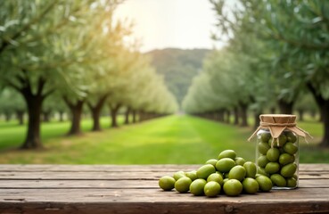 Wooden table displays fresh green olives. Jar of olives beside pile of olives on old wooden table. Olive trees, green field in background. Natural light, blur background. Simple product display.