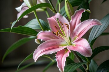 Fototapeta premium Watercolor Pink Lily Flower with Green Leaves, Botanical Illustration, Floral Art, Nature Painting