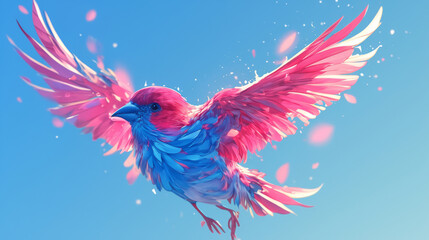 Obraz premium simple, A vibrant pink and blue bird with outstretched wings soaring through the clear sky. The focus is on the bird's face, a realistic illustration.