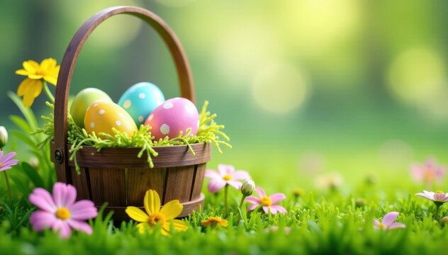 Wooden Easter egg hunt baskets filled with decorated eggs amidst wildflowers and green grass, easter, flowers