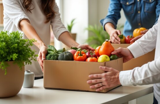 Volunteers fill cardboard box with various fresh fruits, vegetables. People actively collecting grocery products for food donations. Helping hands, donation box evident in photo. Shows communal - Powered by Adobe