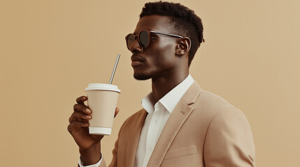 Stylish Professional Using a Reusable Coffee Cup and Metal Straw, Highlighting a Sustainable Lifestyle for a Commercial Campaign