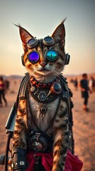 Artistic steampunk cat in a desert scene of burning festival with bold, futuristic elements