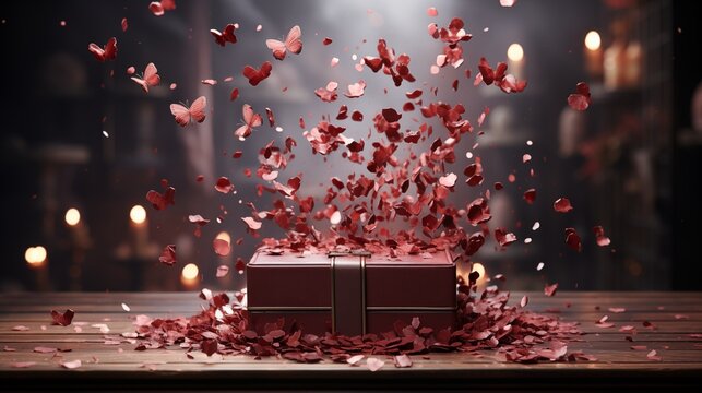 3D podium, display, background. Red, surprise, open gift box. Rose flower falling petals. Luxury cosmetic product presentating of Abstract, love