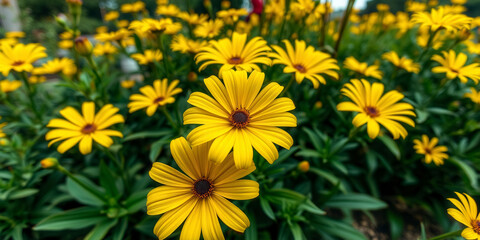 A field of yellow flowers with a few brown spots. The flowers are in full bloom and are scattered throughout the field