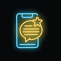 Bright neon icon of a feedback message notification with star on smartphone screen, isolated on black background