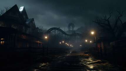 Obraz premium Haunted Abandoned Amusement Park Scene in Spooky 3D at Night with Rain