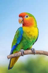 Fototapeta premium A beautifully colored rosella parrot, with feathers of red, green, blue, and yellow, sits on a branch, complemented by a soft green blurred background. Excellent for eco-friendly materials, wildlife