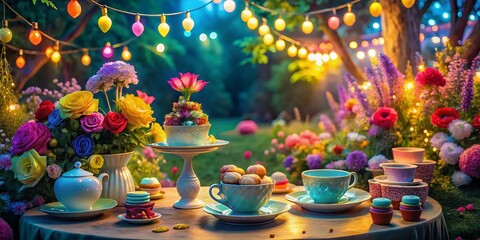 Naklejka premium Whimsical Pastel Tea Party: Giant Teacups, Flowers & Pastries in a Magical Garden