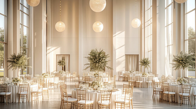A pure modern event hall, featuring a spacious layout with clean lines and minimalist decor. Incorporate sleek round tables, comfortable modern seating, with elegant pendant lighting.