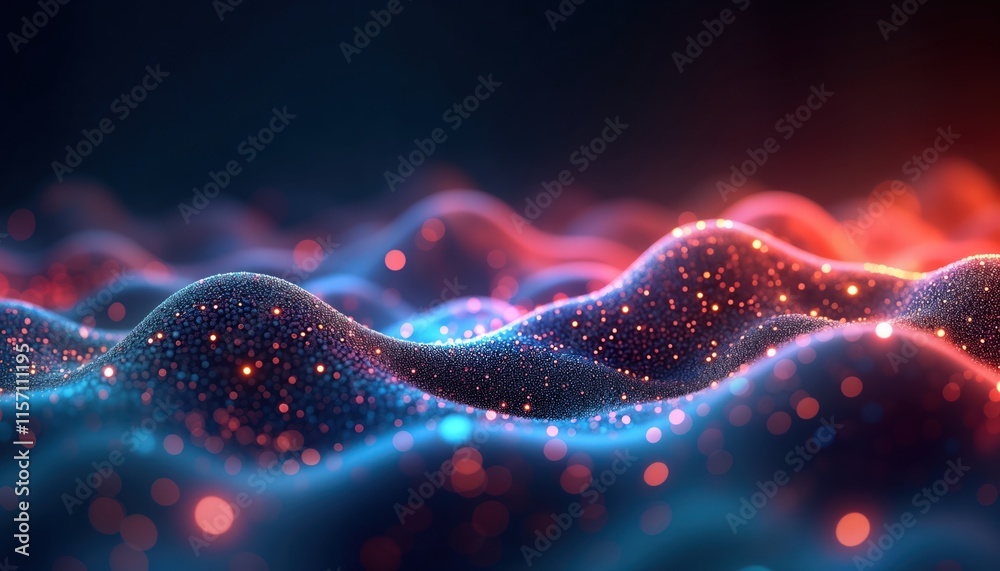 Poster Abstract digital data background with glowing particles. Futuristic pattern. Network data storage concept. Dynamic wave shapes. Colorful glowing lights. Modern tech design. Suitable for tech,