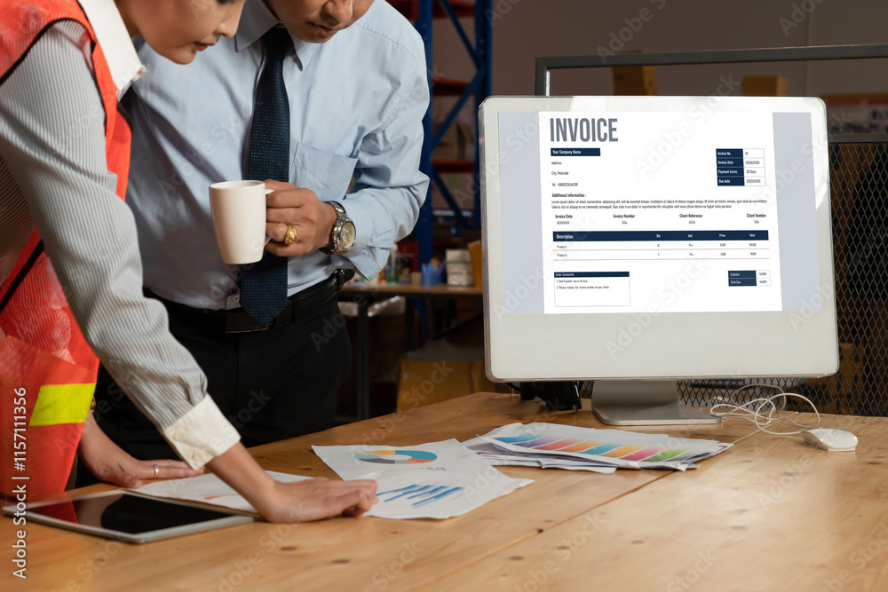 Poster invoice on computer screen from accounting application. computer program for financial and budget of