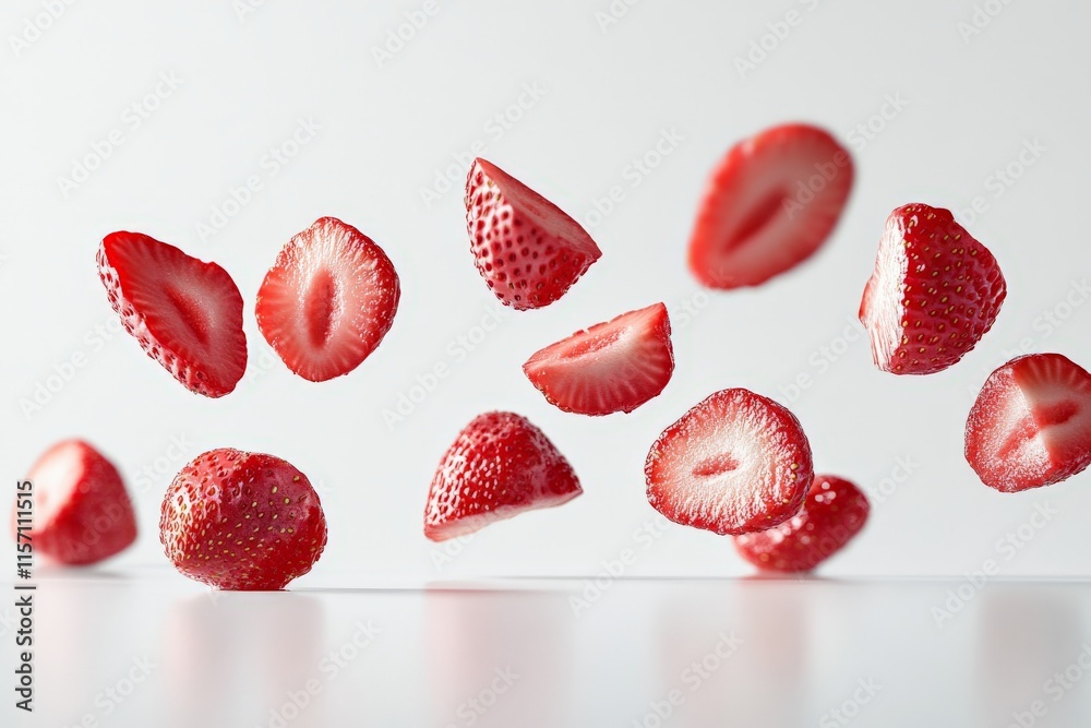 Poster image of sliced strawberry halves suspended mid-air, exhibiting vibrant red tones with a clean white