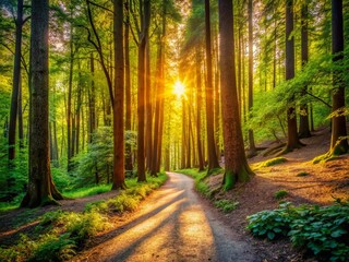 Naklejka premium Winding Forest Hiking Trail: Picturesque Nature Path Through Tall Trees