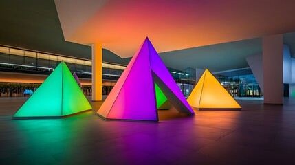Vividly lit triangular sculptures displayed in a modern architectural space at night.