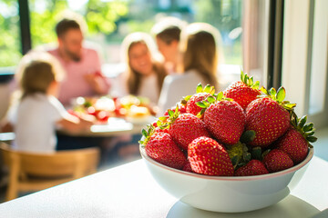 Family enjoying breakfast with fresh strawberries on sunny morning