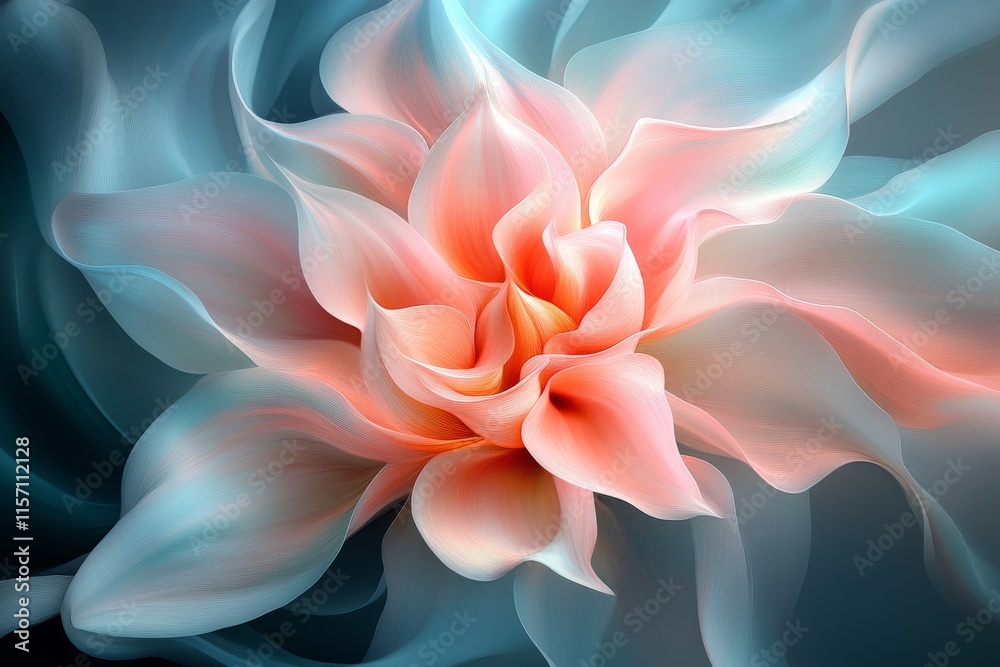 Aufkleber This image features an abstract flower with a soft and gentle color palette, showcasing intricate overlapping petals arranged in a captivating artistic design.