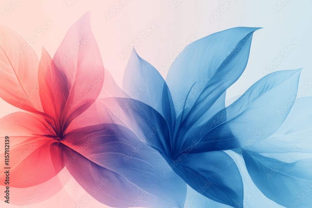 Poster this image showcases an artistic composition of overlapping red and blue translucent leaves, creatin