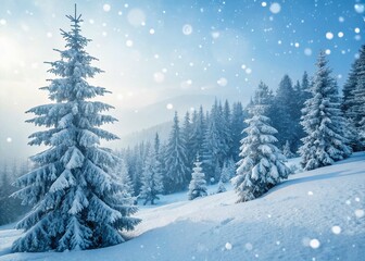 Naklejka premium Winter Wonderland: Snow-Covered Fir Trees in a Cold Forest with Soft Falling Snow