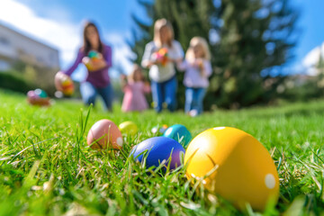 Family easter egg hunt in sunny park with kids and colorful eggs