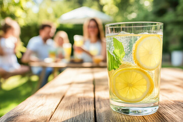 Refreshing lemonade with mint on a sunny day in the garden