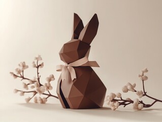 A minimalist, close-up shot of a chocolate Easter bunny, designed with origami-inspired folds, wearing a simple ribbon around its neck. 