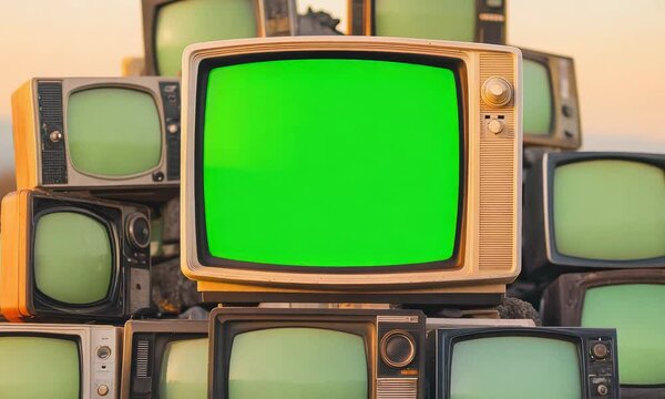 A stack of vintage televisions with a green screen in an outdoor setting, showcasing a blend of retro technology and nature.