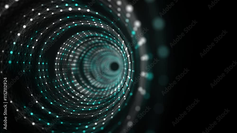Poster Abstract circle speed tunnel with blue light on black background. Science background with dots and lines moving in a spiral. Wormhole technology. Digital structure with particles. 3d rendering.