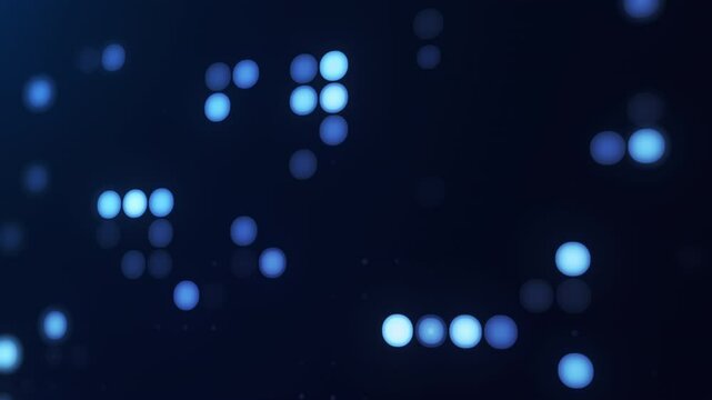 Bright blue shiny glowing halftone dots on dark digital abstract background able for business purpose. Fading minimalist sci fi wall grid pattern. 4k 60fps looped graphic.