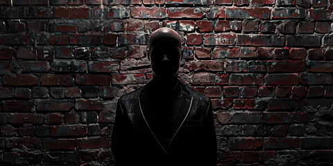 Naklejka premium Silhouetted Man Against Dark Brick Wall