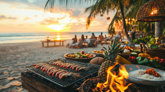 Grilled Fish on Tropical Beach at Sunset in Bali with Fresh Ingredients