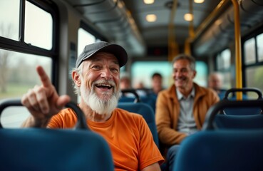 Elderly man enjoys public transportation ride. Happy senior citizen pointing with finger on bus. Passengers on bus. Casual attire. Relaxed atmosphere. City trip. Senior couple happily travels. Travel