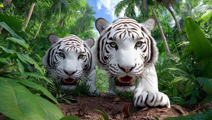 A mesmerizing photo of two white tigers at rest in their natural environment, ideal for nature, wildlife, and conservation projects.