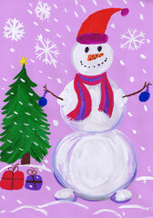A snowman stands near a Christmas tree with gifts. Children's drawing