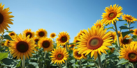 A field of yellow sunflowers with a blue sky in the background. The sunflowers are in full bloom and are scattered throughout the field. The scene is peaceful and serene