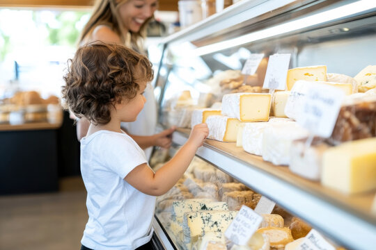 A charming market scene where a child curiously examines various types of cheese displayed in a glass case, highlighting culinary exploration and joy in discovery.
