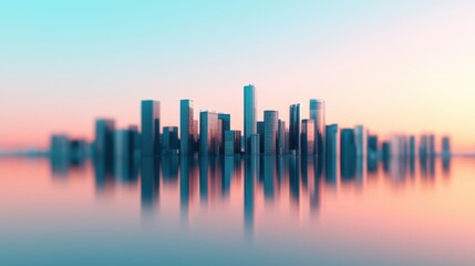 Fototapeta premium Futuristic city skyline reflecting in water at sunset: 3d illustration