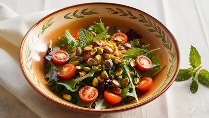 Vibrant pistachio salad with mixed greens and cherry tomatoes
