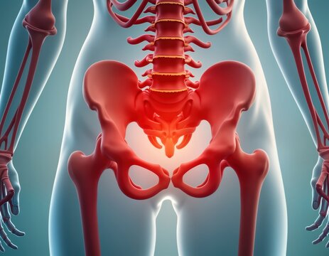 Medical illustration of female pelvis anatomy painful area. Focus on pelvic bones, uterus location. Shows detailed bone structure, possible pain zones. Image ideal for medical education patient