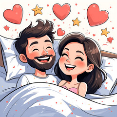 Joyful couple cuddling in bed with hearts and stars in a cheerful cartoon style
