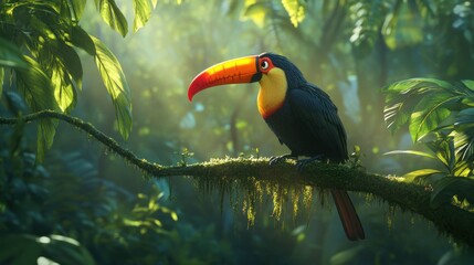 Obraz premium A vibrant toucan perched on a mossy branch, its colorful beak gleaming in the sunlight, surrounded by lush tropical greenery