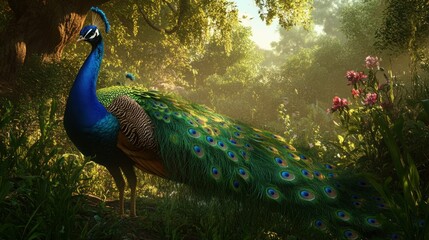 Obraz premium A wild Indian peacock in its habitat, showcasing its brilliant blue and green plumage in a lush tropical setting with tall grass and flowers