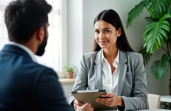 Business woman performs performance review with employee in office. Manager evaluates employee progress. Pro setting with plants. Positive, productive discussion. Modern office environment. Formal