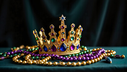 Golden crown with colorful beads on dark green background